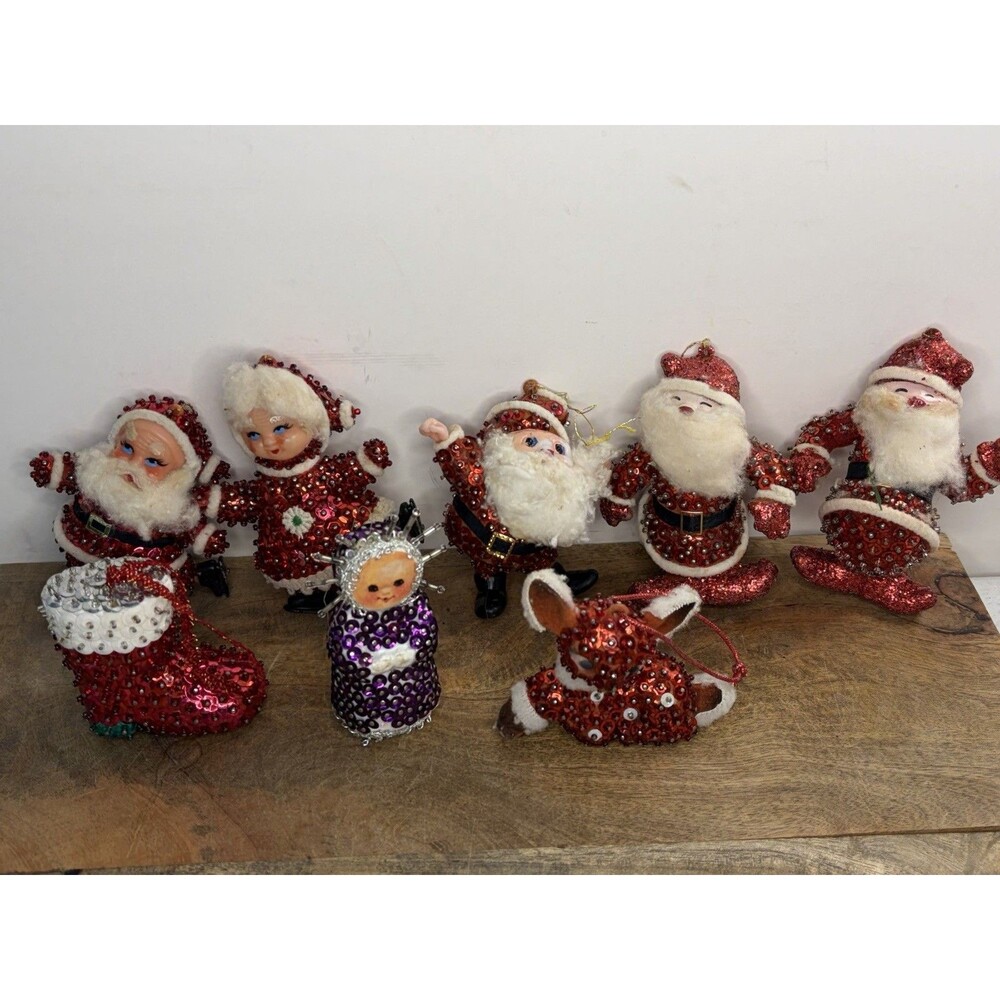 8 Vintage Push Pin Sequin Ornaments 4 Santas Mrs Claus Rudolph Angel Boot